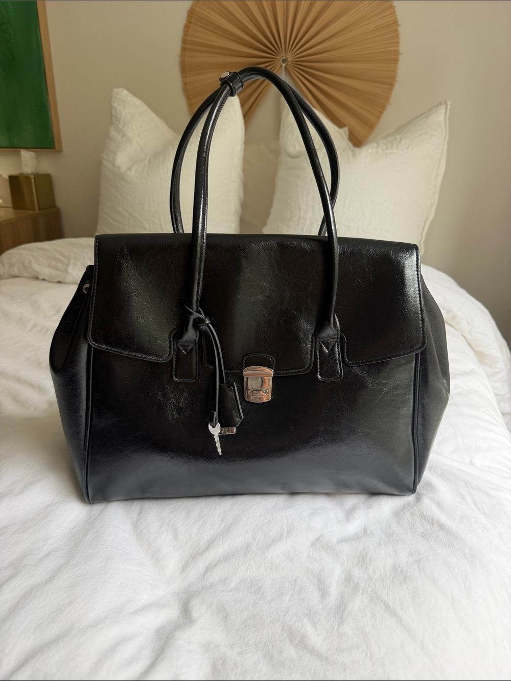 Classic Black Leather Tote Travel Bag
